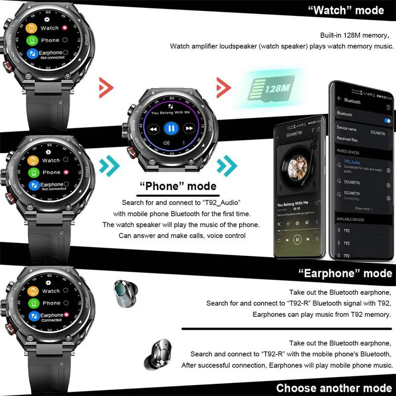 Cttopk™ - Sports Smartwatch with Wireless Earphones (Works with iPhone & Android)